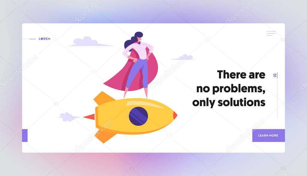 Female Superhero in Red Cloak, Super Employee Girl with Arms Akimbo Flying on Gold Rocket, Business Success, Leadership Concept Website Landing Page, Web Page. Cartoon Flat Vector Illustration, Banner
