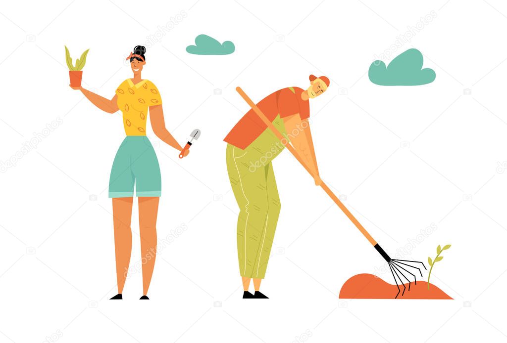 Gardening People. Man and Woman Gardeners Planting and Caring of Plants Weeding Garden Bed. Farmer Growing Vegetables and Herbs on Farm. Ecological Farmer Production. Cartoon Flat Vector Illustration