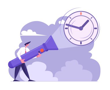 Resmi Takım Elbiseli Genç İş Adamı Büyük El Feneri Tutan Duvarda İzle, Gizli Saati Ortaya Çıkarmak, Son Tarih, Zaman Kavramı, Arama Fikri, Program Metafor Karikatür Düz Vektör İllüstrasyon