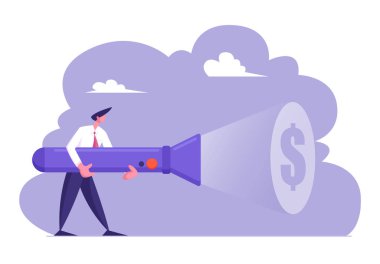 Resmi Takım Elbise Li Genç İş Adamı Büyük El Feneri Tutan Duvarda Dolar İşareti Aydınlatma, Para Arama, Kazanmak Için Yol, Gizli Gelir Kaynağı Metafor uncovering. Karikatür Düz Vektör İllüstrasyon