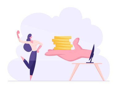 Mutlu Kendinden Emin İş Kadını, Bilgisayar Monitörü'nde Kasların Elden Para Aldığını Gösteriyor. İnternet Kazanç, Yatırım, Gelir, İş Kadını Para Online olun. Karikatür Düz Vektör İllüstrasyon