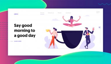 Kahve Molasında İş Adamları, Büyük Kupa'nın üstünde ki Yoga Lotus Duruşunda Kız Rahatlıyor. Cafe'yi ziyaret eden çalışanlar, Sıcak İçecek Web Sitesi Açılış Sayfası, Web Sayfası. Karikatür Düz Vektör İllüstrasyon Afiş