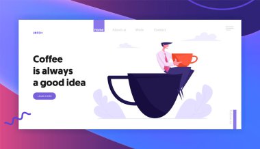 İş Adamı Kahve Molasında Rahatlatıcı Büyük Fincanda Oturma, Öğle Yemeği Için Recreational Place Restaurant Cafe'de Erkek Karakter Dinlenme, Web Sitesi Açılış Sayfası, Web Sayfası. Karikatür Düz Vektör İllüstrasyon, Afiş