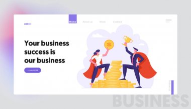 Süper Kahraman Pelerinerkek, Kadın İş Karakterleri Altın Sikke, İnsanlar ve Para Web Sitesi Açılış Sayfası, Web Sayfası Yığını Altın Dolar ve Kupa Standı tutun. Karikatür Düz Vektör İllüstrasyon, Afiş