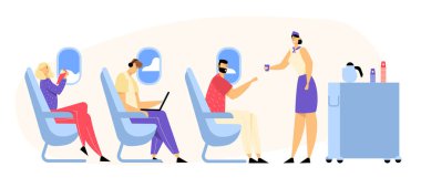 Uçak Mürettebatı ve Yolcu Karakterleri. Hostes Uçak Ekonomi Sınıfı Sandalyelerde Oturan Mutlu İnsanlar İçecek Veren. Havayolu Ulaşım Servisi Karikatür Düz Vektör İllüstrasyon