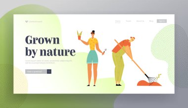 Erkek ve Kadın Bahçıvanlar Dikim ve Bakım Bitkiler Weeding Bahçe Yatak. Çiftçi Çiftlikte Sebze Yetiştiren. Çiftçi Üretim Web Sitesi Açılış Sayfası, Web Sayfası. Karikatür Düz Vektör İllüstrasyon, Afiş