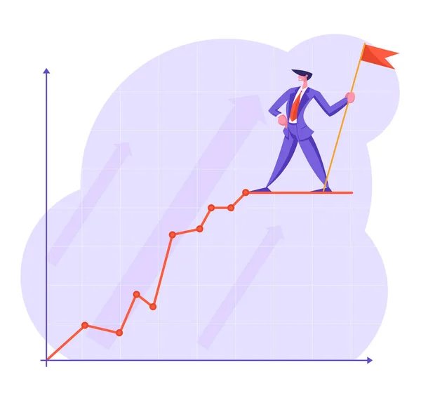 Бизнесмен с красным флагом стоит на вершине кривой бизнес-графика в системе координат. График стрелки анализа данных роста, статистическая диаграмма финансовой прибыли. Мультипликационный вектор — стоковый вектор