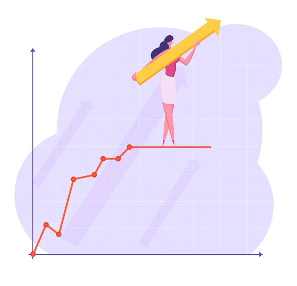 商业女性与巨大的箭头在手站在增长商业图表曲线线在坐标系的顶部,商业教练进行企业成功教育,卡通平面矢量插图 — 图库矢量图片