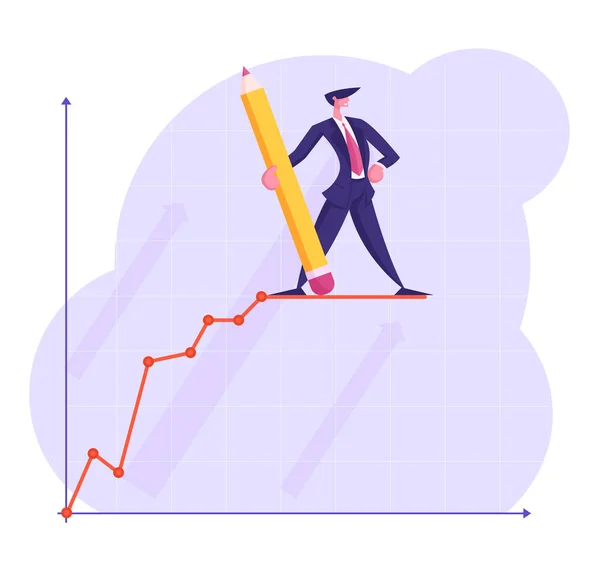 Персонаж бизнесмена с огромным карандашом в руке стоит на вершине роста кривой бизнес-диаграммы по координатной системе, презентации проектов, финансовой статистики График Мультфильм Плоский вектор иллюстрации — стоковый вектор