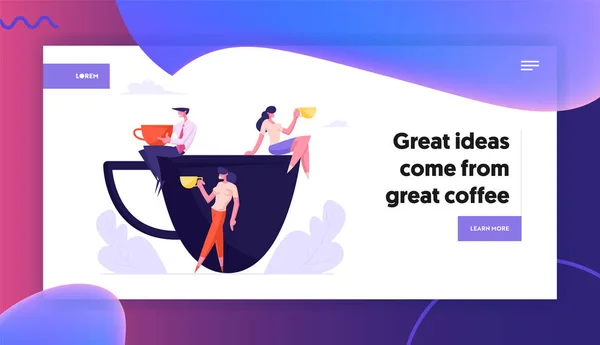 Business People, with Mugs Sitting on Huge Cup, Colleagues Having Coffee Break, Friends Drink Beverages Friendly Conversation. Website Landing Page, Web Page. Cartoon Flat Vector Illustration, Banner — Stock Vector
