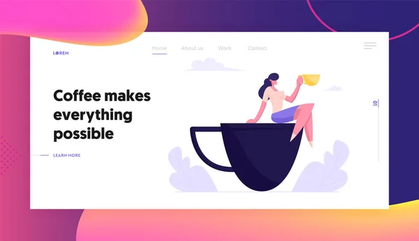 Young Business Woman Relaxing on Coffee Break Sitting on Huge Cup, Girl Visiting Cafe Restaurant for Lunch, Recreational Place Website Landing Page, Web Page (dalam bahasa Inggris). Ilustrasi Vektor Flat Kartun, Banner - Stok Vektor