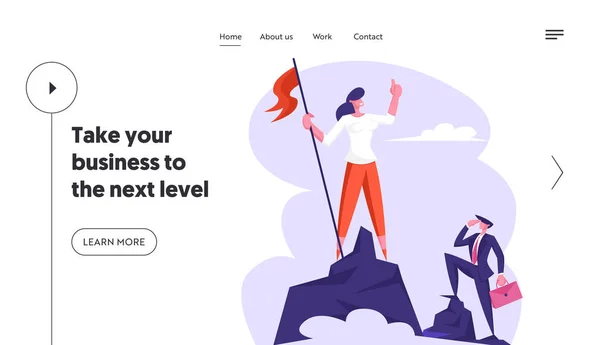 Mujer de negocios subió a la cima de la bandera de montaña izada a Rock Peak, Éxito, Desafío Empresarial, Objetivo Concepto Página Web Landing Page, Página Web. Ilustración plana del vector de la historieta, bandera — Vector de stock