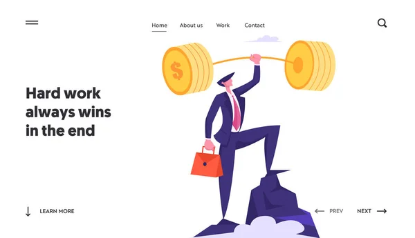 Uomo d'affari di successo tenere Gold Bilanciere in cima a High Rock, Obiettivo di raggiungimento, profitto finanziario, ricchezza, Vincitore Concetto Sito web Landing Page, Pagina web. Illustrazione vettoriale piatta del fumetto, bandiera — Vettoriale Stock