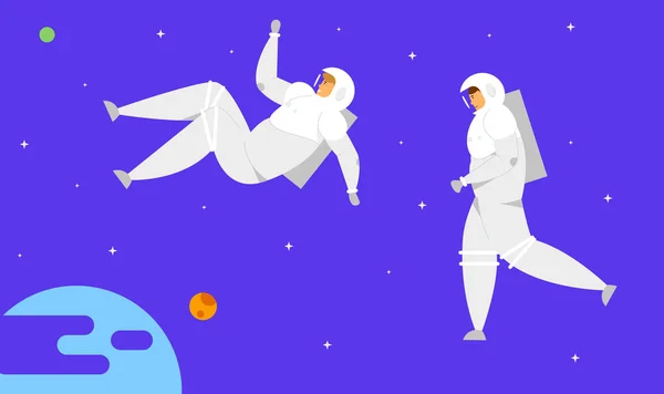Персонажи астронавтов в космических костюмах, летающих в открытом космосе со звёздами и Землёй или на фоне внеземной планеты, космонавты, отвечающие за техническое обслуживание, исследования, иллюстрации плоского вектора мультфильма — стоковый вектор