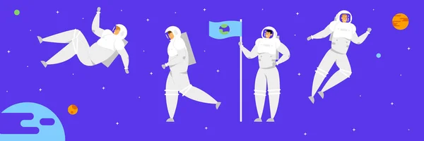 Utrymme män, astronaut tecken som bär Spacesuit hållande flagga med jord bild på stjärnhimmel mörkblå himmel bakgrund kosmos expedition, kolonisering, vetenskap utforskning tecknad platt vektor illustration — Stock vektor