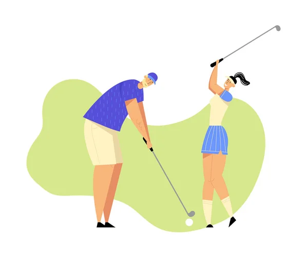 Senior man en jonge vrouw in uniform golfen op koers met groen gras, het raken van bal naar Hole, sport spel, toernooi, zomer vrije tijd, luxe recreatie. Cartoon platte vector illustratie — Stockvector