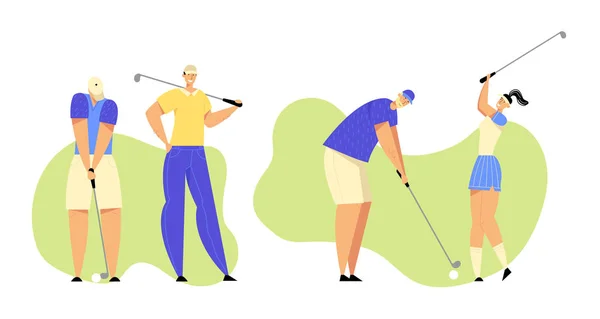 Groep mensen in de sport in uniform golfen op groene veld, het raken van bal naar gat met professionele apparatuur, sport spel, toernooi, zomer luxe recreatie. Cartoon platte vector illustratie — Stockvector