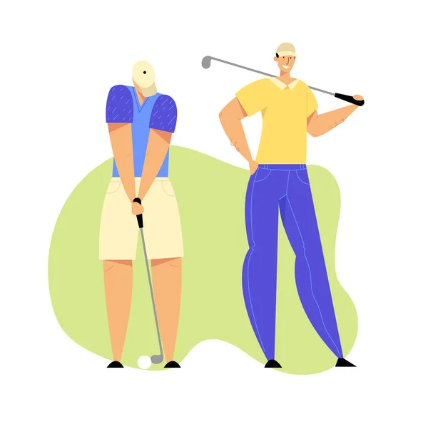 Golf toernooi, jonge mensen spelen sport spel op cursus met groen gras met behulp van professionele apparatuur, man raken bal naar gat, zomer Sparetime, luxe recreatie cartoon platte vector illustratie — Stockvector