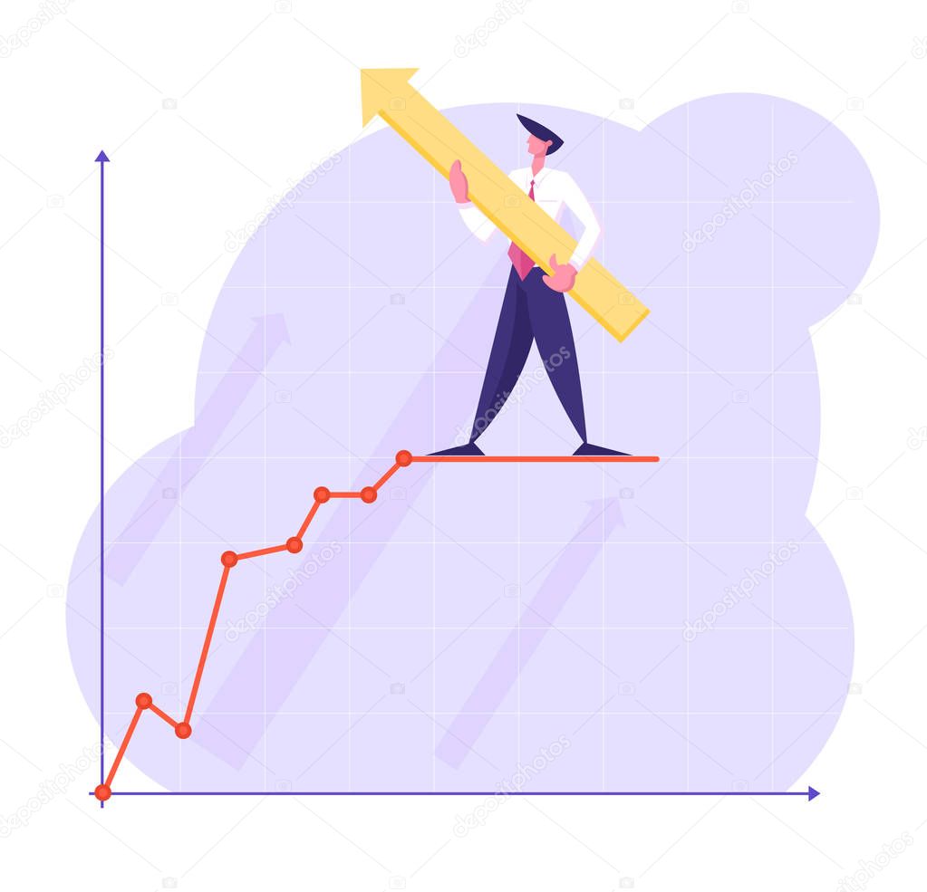 Businessman Character with Huge Arrow in Hands Stand on Top of Growing Business Chart Curve Line on Coordinate System, Leadership, Success, Goal Achievement Concept, Cartoon Flat Vector Illustration