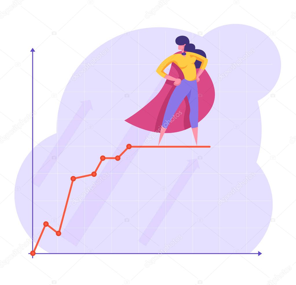 Confident Business Woman in Red Super Hero Cloak with Arms Akimbo Stand on Top of Growing Chart. Leader, Data Analysis Arrow Graph, Financial Profit Statistic Diagram. Cartoon Flat Vector Illustration