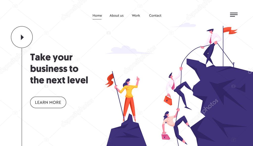 Group of Business People Climbing on Mountain Peak, Leader Pulling Colleagues with Rope, Assistance, Team Work, Goal Achievement Website Landing Page, Web Page. Cartoon Flat Vector Illustration Banner