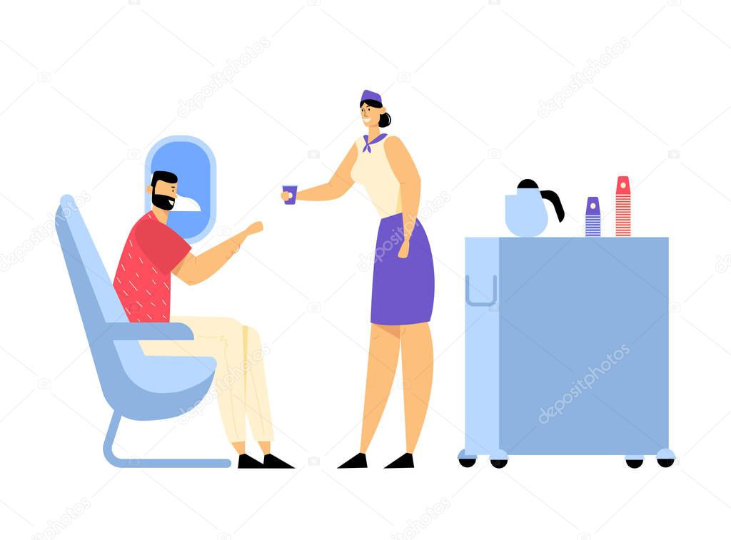 Cabin of Plane with Stewardess and Passenger, Mealtime in Economy Class. Woman Air Hostess with Food Cart in Aisle of Salon Giving Drink to Man, Journey, Jet Trip. Cartoon Flat Vector Illustration