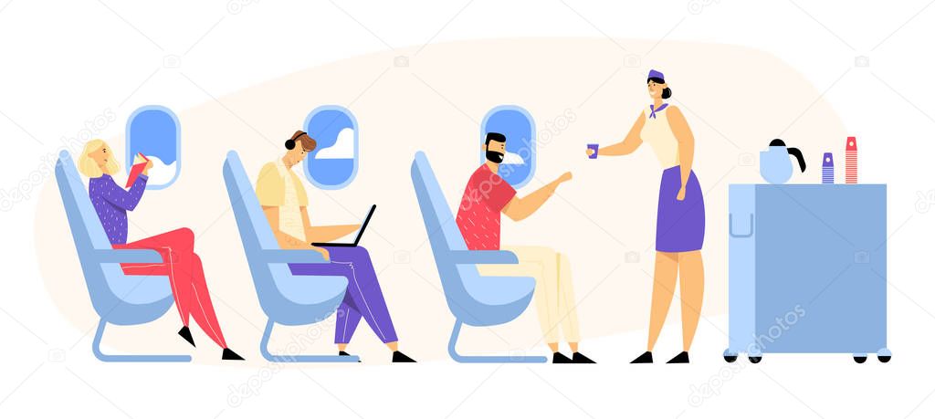 Airplane Crew and Passenger Characters in Plane. Stewardess Giving Drink to Happy People Sitting on Chairs in Economy Class of Aircraft. Airline Transportation Service Cartoon Flat Vector Illustration