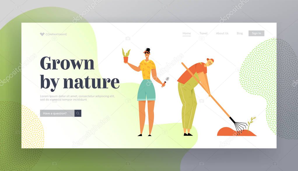 Man and Woman Gardeners Planting and Caring of Plants Weeding Garden Bed. Farmer Growing Vegetables on Farm. Farmer Production Website Landing Page, Web Page. Cartoon Flat Vector Illustration, Banner