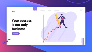 Finansal Istatistik grafik Web sitesi açılış sayfası, Işadamı stand üzerinde büyüyen Iş grafik eğrisi üzerinde koordinat sistemi, Proje sunumu, Web sayfası. Karikatür düz vektör Illustration, banner