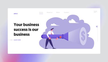 Gizli gelir kaynak web sitesi açılış sayfası, Iş adam Holding büyük el feneri aydınlatma dolar Işareti duvar, arama para, yol Web sayfası kazanmak için açığa çıkararak. Karikatür düz vektör Illustration, banner