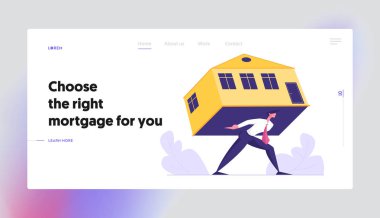 İş adamı Carry ağır ev, ezici Mortgage Web sitesi açılış sayfası, Man taşıma evi, gayrimenkul yatırım, kira veya kredi yükümlülükleri Web sayfası. Karikatür düz vektör Illustration, banner