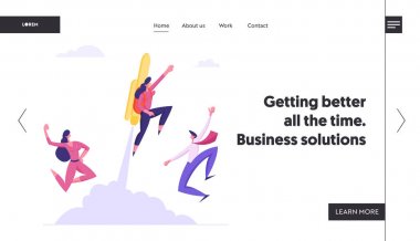 Büyük başlangıç, kariyer Boost, hızlı Iş büyüme Web sitesi açılış sayfası, neşeli meslektaşları Back jet paketi ile kapalı Işadamı uçan bakın. Web sayfası. Karikatür düz vektör Illustration, banner