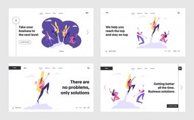 Kariyer Boost, liderlik, başarı Web sitesi açılış sayfası seti, mutlu Iş Işçileri Jet Pack ile kapalı uçan. Adam ve kadın geri roket tarafından fly up, Web sayfası. Karikatür düz vektör Illustration, banner