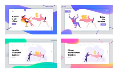 Internet kazanç, para online web sitesi açılış sayfası seti, el Iş Insanlar bilgisayar ekranında, Freelance Job, Web sayfası oturan para giving yapma. Karikatür düz vektör Illustration, banner