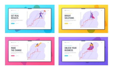 Finansal kar Istatistik diyagramı Web sitesi açılış sayfası seti, kırmızı süper kahraman pelerin güvenli Iş ınsanları grafik büyüyen üstünde stand. Lider Web sayfası. Karikatür düz vektör Illustration, banner