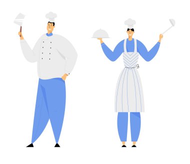 Konukseverlik, Restoran personeli üniformalı karakterler. Apron Holding tepsi içinde gümüş Cloche kapak ve kol, Şef Toque ile sığır bıçağı karikatür düz vektör Illustration Man altında çanak ile gülümseyen kadın