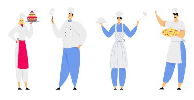 Restoran personel karakterler üniforma gösterimi menü, Cafe, Pizzeria, fırın Dükkanı, konukseverlik, Genç adam ve kadın şef Toque ve apron Holding pizza, kek karikatür düz vektör Illustration
