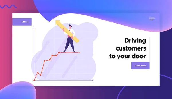 目標達成ウェブサイトランディングページ、手に巨大な矢印を持つビジネスマンは、座標系、成功ウェブページ上の成長ビジネスチャートの上に立ちます。漫画フラットベクトルイラスト、バナー — ストックベクタ