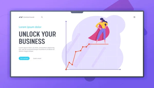 Financial Profit Statistic Diagram Website Landing Page, Confident Business Woman in Red Super Hero Cloak Stand on Top of Growing Chart (em inglês). Página do Líder. Desenhos animados Flat Vector Ilustração, Banner — Vetor de Stock