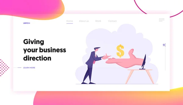 Earning in Internet Website Landing Page, Huge Hand from Pc Monitor Stretch Money to Business Man. Online Income, Gambling, Making Money Online Web Page. Cartoon Flat Vector Illustration, Banner — Stock Vector