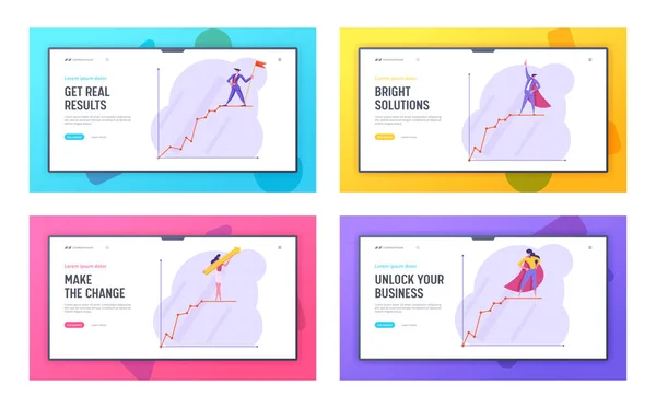 Фінансовий прибуток статистика діаграма сайту цільова сторінка набір, впевнений, ділові люди в червоному Super Hero плащ стояти на вершині зростаючої діаграми. Веб-сторінка лідера. Мультфільм плоский Векторна ілюстрація, банер — стоковий вектор