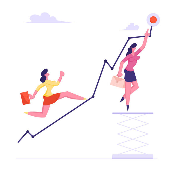 Деловая женщина, бегущая по сломанной кривой линии до красной точки, деловая женщина на подъемной платформе с кейсом Показать место назначения, вздутие прибыли, вызов плоскому вектору мультфильма

