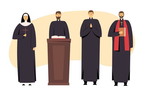 Set of Catholic Christian Staff, Priest Man and Nun Woman in Uniform Holding Cross, Bible and Gospel, Bless Parishioners. Religion, People Serving to God, Catholicism, Cartoon Flat Vector Illustration
