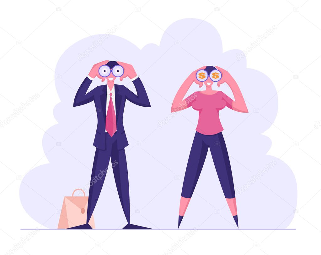 Male and Female Business Characters Watching to Binoculars, Business Vision, Recruitment Employee, Visionary Forecast, Prediction, Success Planning for Future Strategy Cartoon Flat Vector Illustration