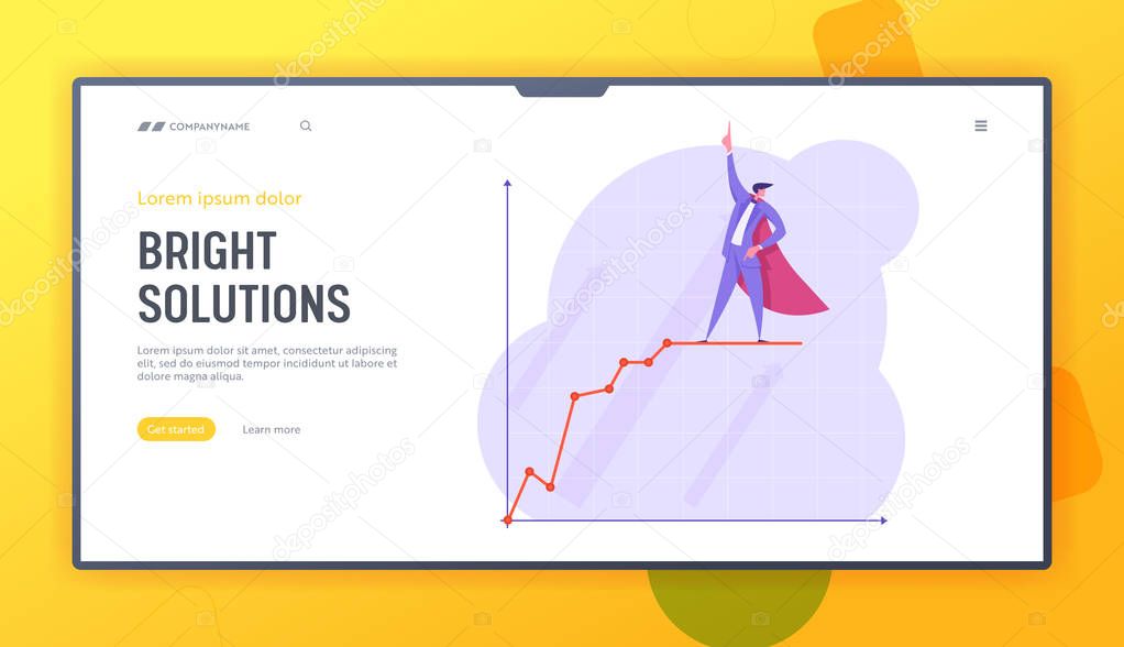 Growth Data Analysis Arrow Graph Website Landing Page, Business Man in Super Hero Cape Stand on Growing Chart, Financial Profit Statistic Diagram Web Page. Cartoon Flat Vector Illustration, Banner