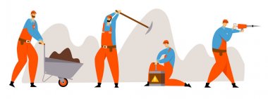 Madenci karakterleri, kömür veya mineraller madenciliği, jackhammer, el arabası, kazma ve dinamit ile üniformalı Işçiler Iş yerinde ayarlayın. Çıkarma sanayi mesleği çalışma karikatür düz vektör Illüstrasyon