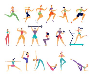 Spor aktiviteleri seti. Erkek ve kadın sporcular karakterler egzersiz. Yoga, maraton koşu, Fitness, vücut geliştirme, jimnastik egzersizleri, spor salonunda Insanlar eğitim, sağlık karikatür düz vektör Illüstrasyon