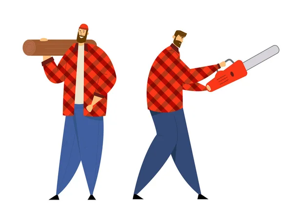 손에 전기 톱과 나무 로그를 들고 격자 무늬 셔츠에 Lumberjack 남성 캐릭터의 커플. 작업 장비 및 도구 포즈, 나무 꾼을 가진 목재 노동자. 만화 플랫 벡터 일러스트 — 스톡 벡터