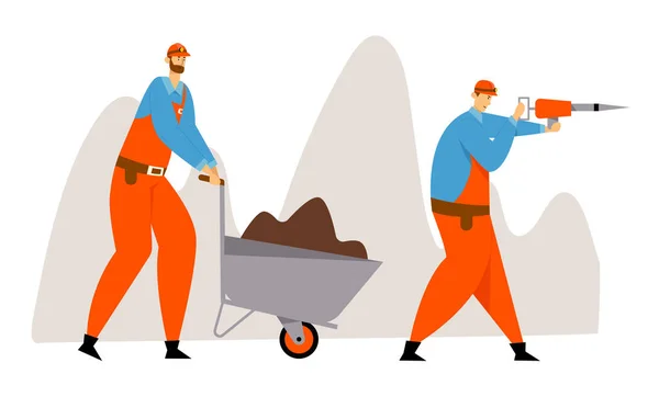 Coal or Minerals Mining, Workers in Uniform and Helmets with Jackhammer and Wheelbarrow with Soil. Miners at Work. Extraction Industry Profession Working Occupation. Cartoon Flat Vector Illustration — Stock Vector