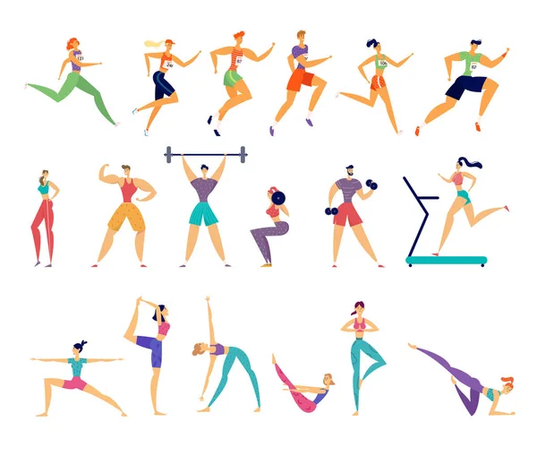 Sportovní aktivita nastavena. Znaky sportovců mužů a žen cvičení. Józa, maraton, fitness, Kulturbuilding, gymnastika, trénink lidí v tělocvičně, obrázek kreslený plochý vektor — Stockový vektor